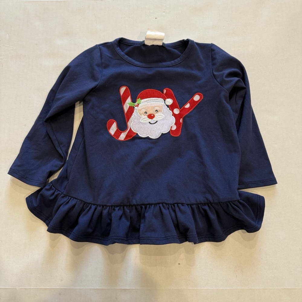 Christmas Shirt Girls 18 M Joy Santa Rare Too Brand Navy Candy Cane Ruffled